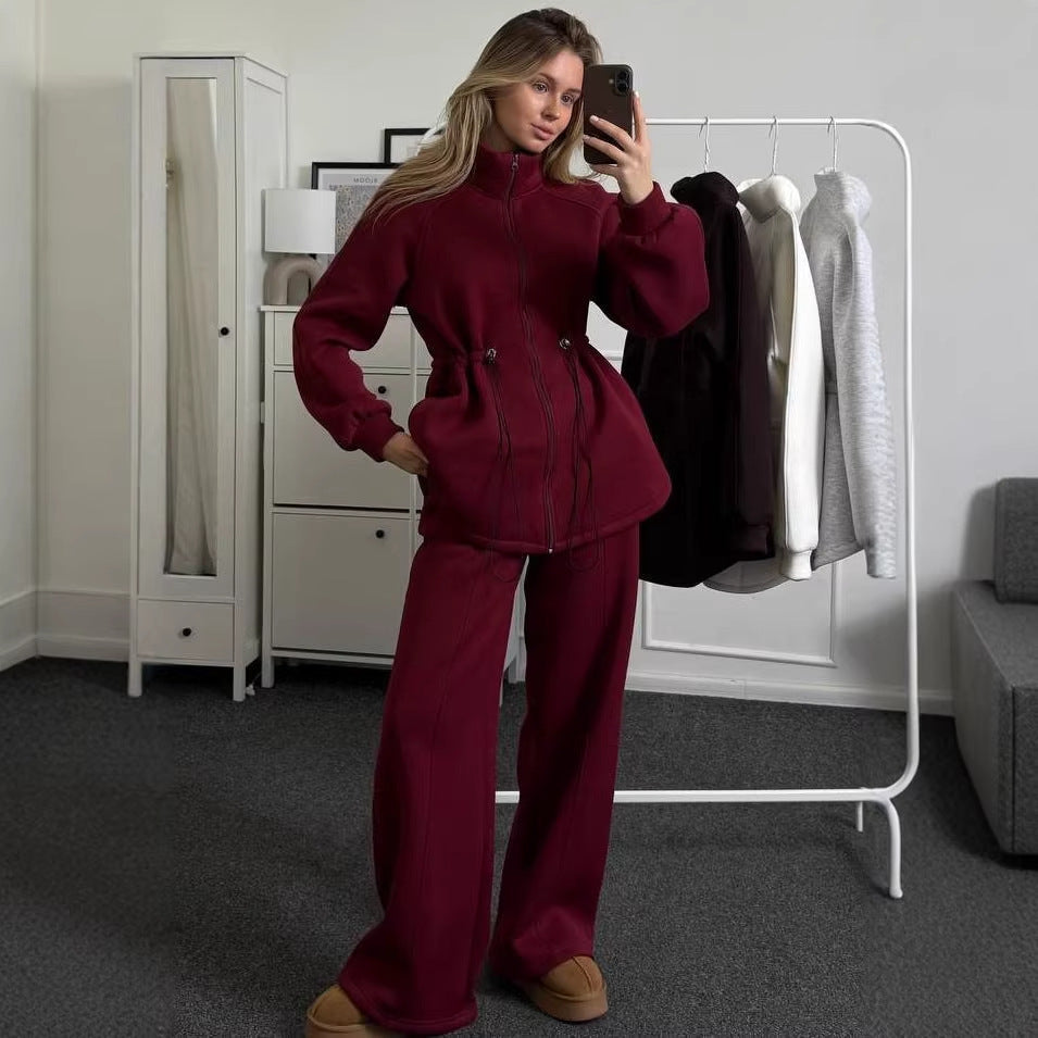 Damen Fleece-Sportanzug Hoher Kragen Tunnelzug-Design