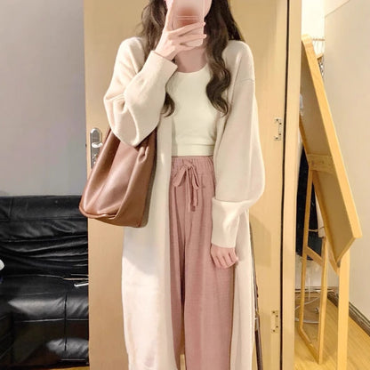 Damen Strickmantel Lang aus Merino-Wolle mit Taschen Beige