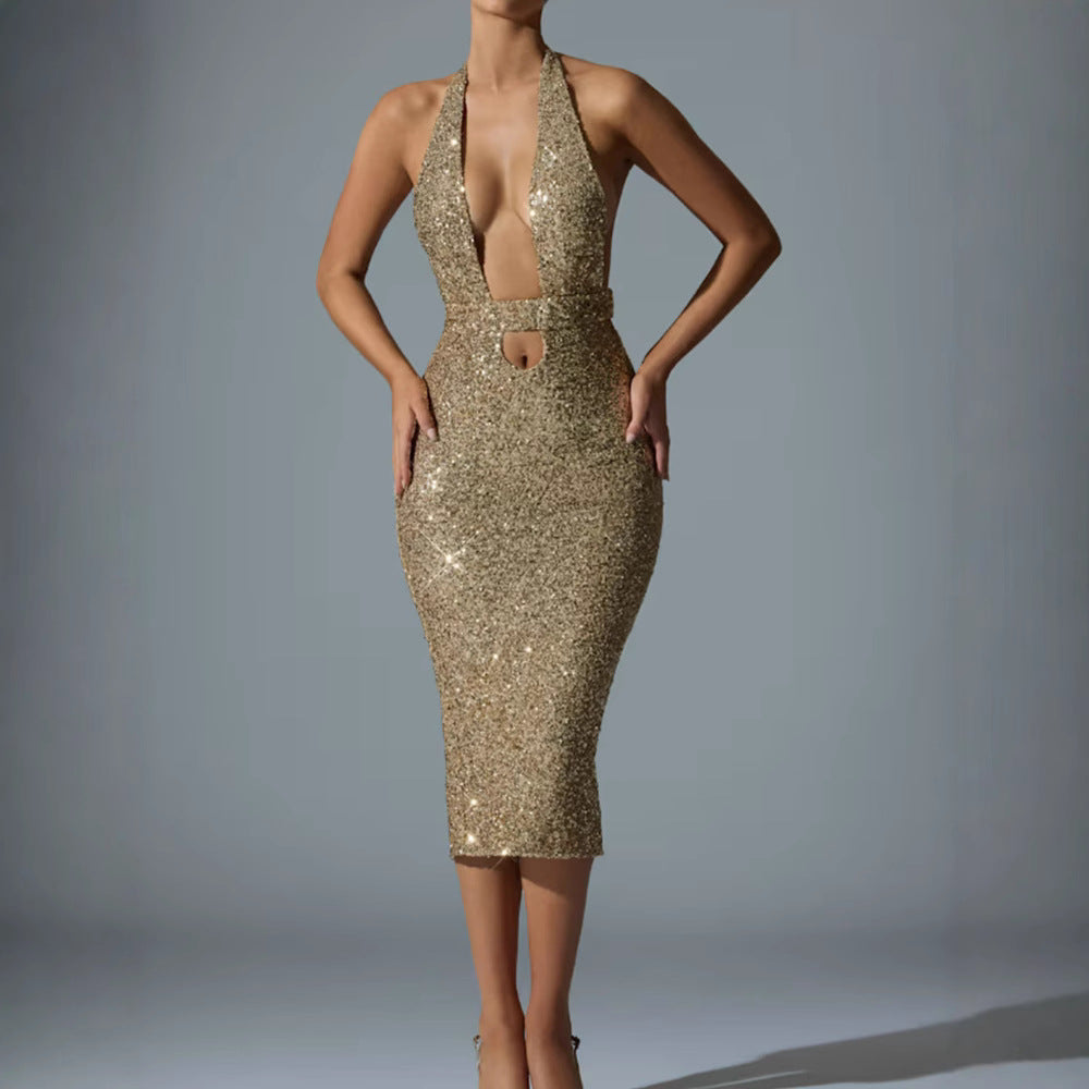 Damen Pailletten-Midi-Kleid V-Ausschnitt Figurbetonter Schnitt