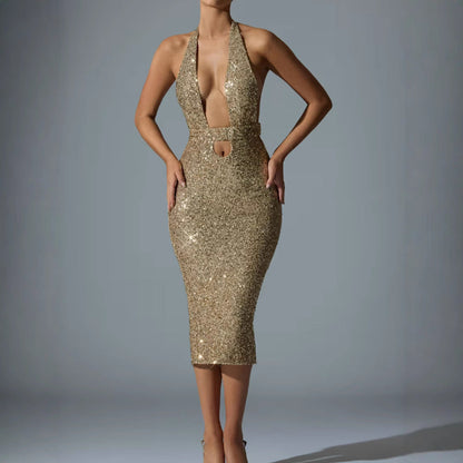 Damen Pailletten-Midi-Kleid V-Ausschnitt Figurbetonter Schnitt