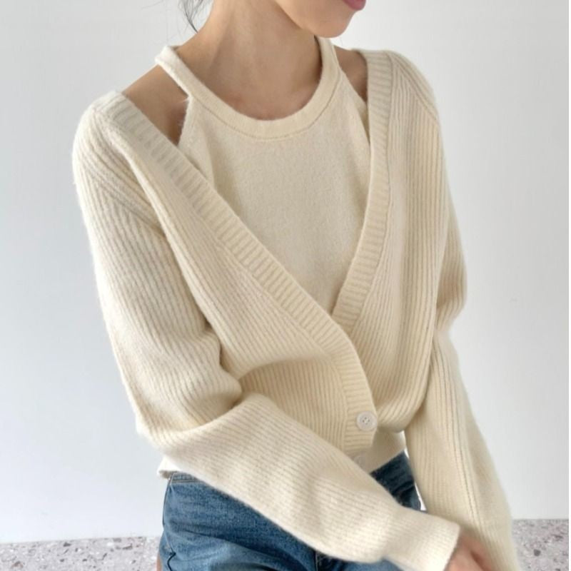 Damen Cropped Strickjacke V-Ausschnitt Knöpfe Norvielle
