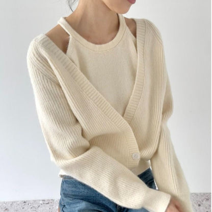 Damen Cropped Strickjacke V-Ausschnitt Knöpfe Norvielle