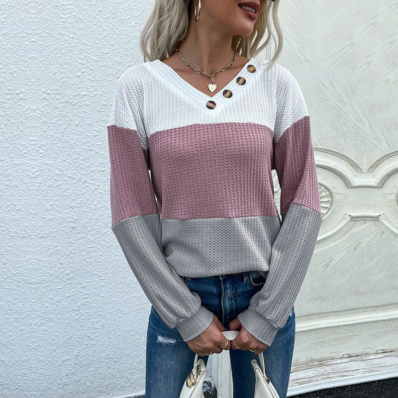 Damen Pullover V-Ausschnitt Strukturmuster Knöpfe Beige