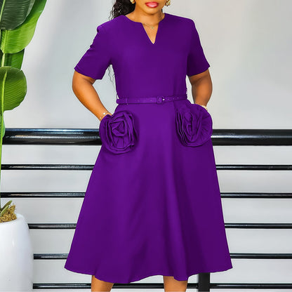 Damen Midi-Kleid mit Blumenapplikationen und Taillengürtel Norvielle