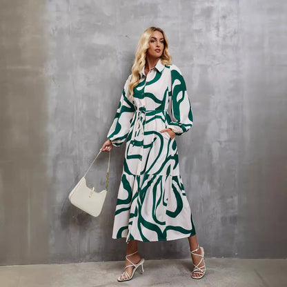Damen Langarmkleid mit Muster und Bindegürtel