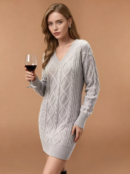 Damen Strickkleid V-Ausschnitt Strukturiert