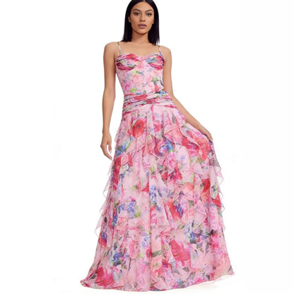 Damen Maxikleid Trägerlos Floralmuster Rüschen Schwarz - Norvielle