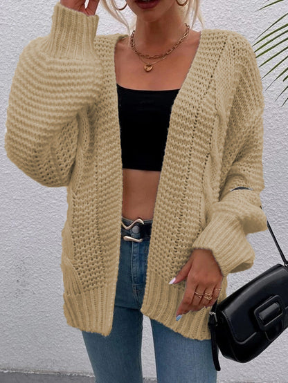 Damen Grobstrick-Cardigan Offene Taschen Lässiger Schnitt Beige