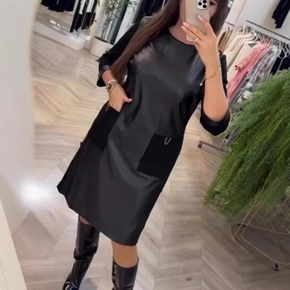 Damen Lederkleid mit Reißverschlusstaschen Schwarz - Norvielle