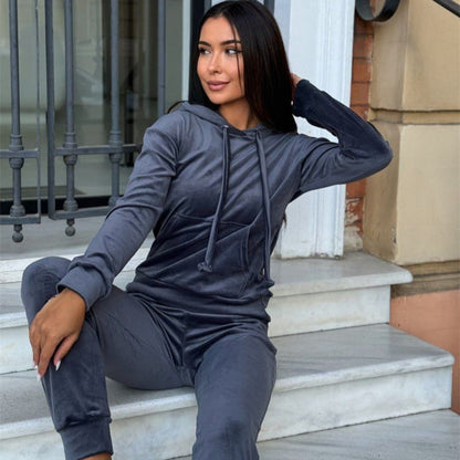 Damen Velours Jogginganzug Mit Kapuze Schwarz - Norvielle