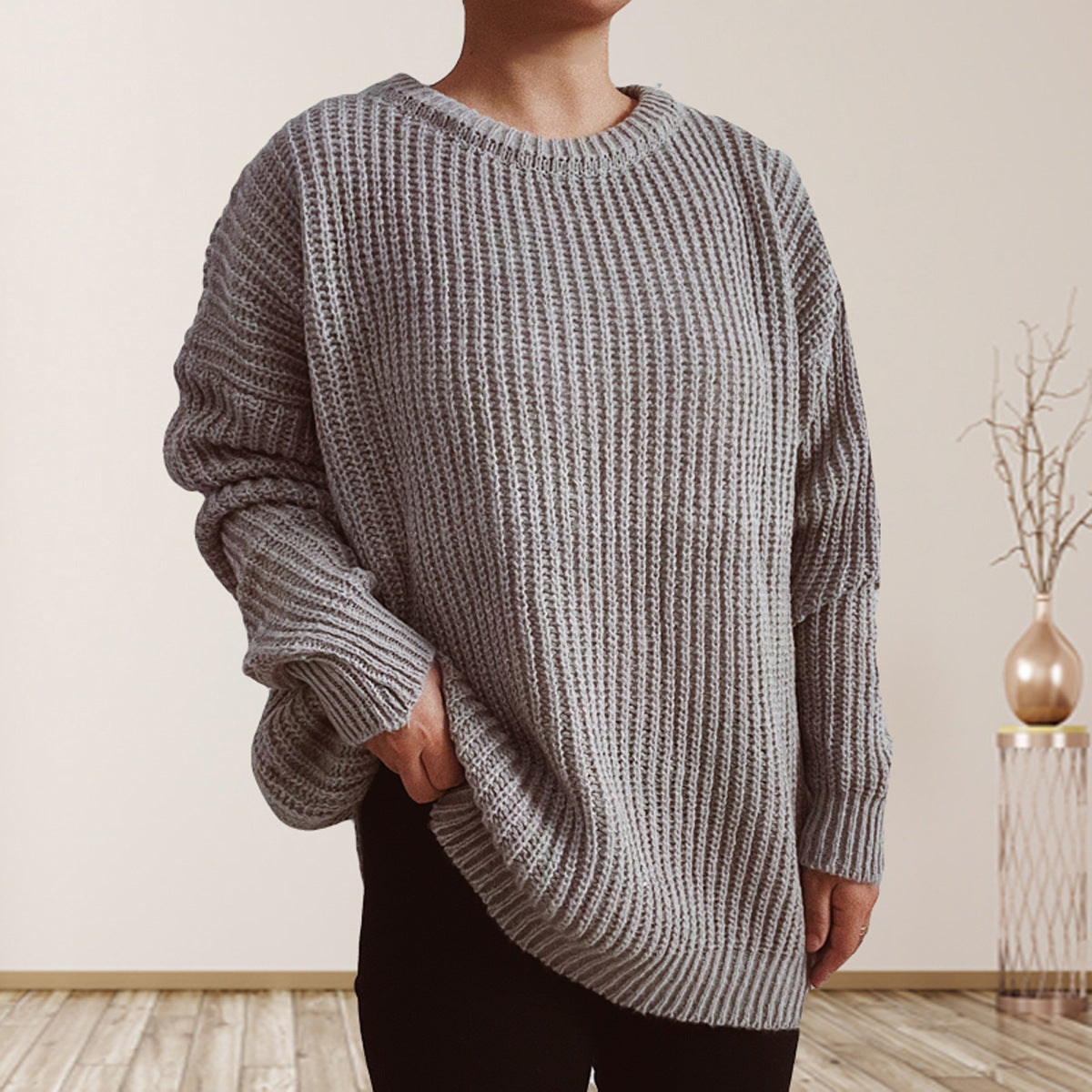 Damen Grobstrickpullover Überschnittene Schultern Beige