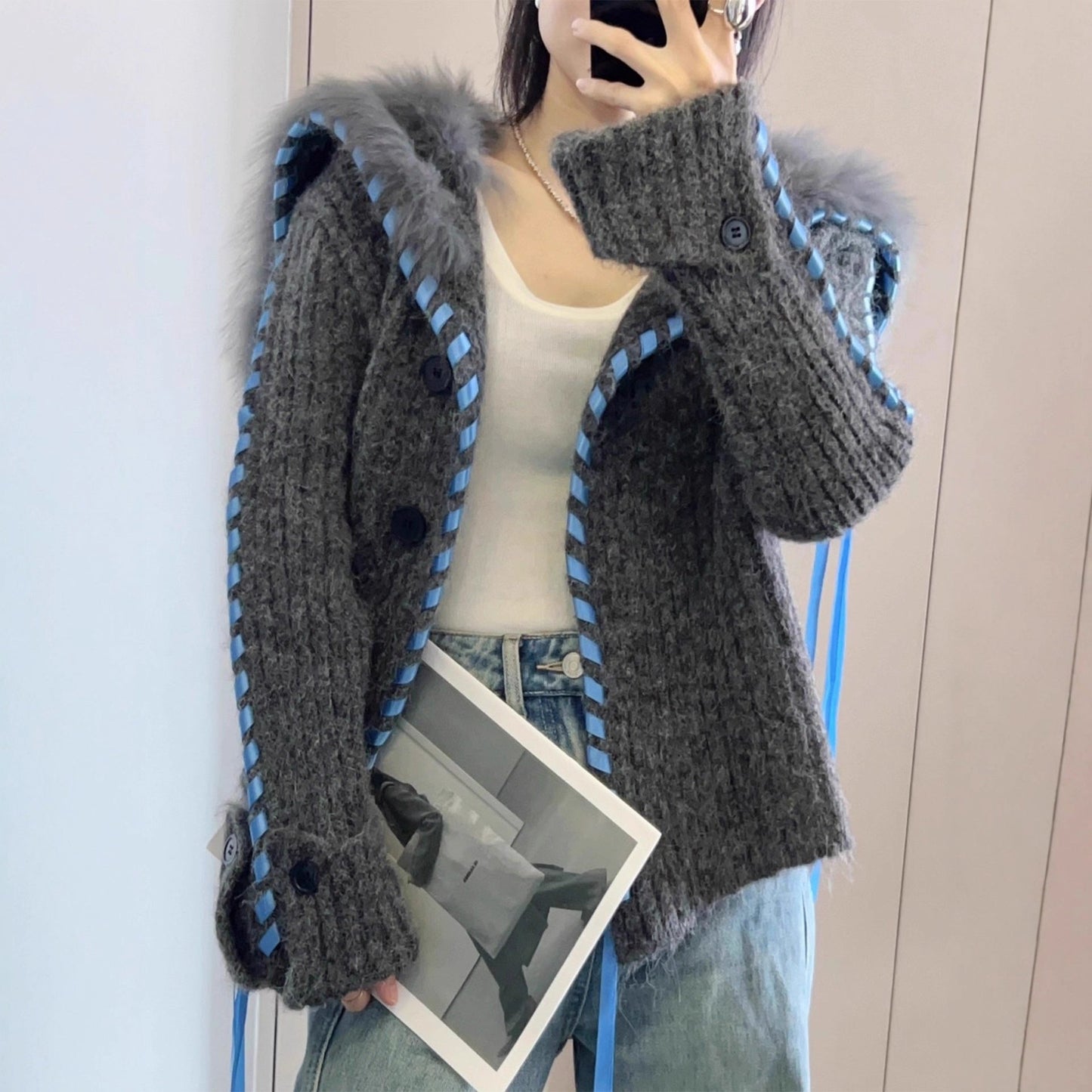 Damen Strickjacke Kapuze Kunstfell Norvielle
