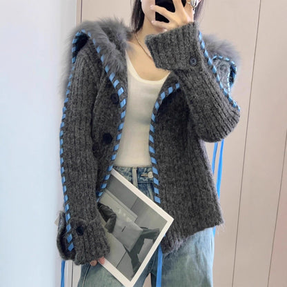 Damen Strickjacke Kapuze Kunstfell Norvielle