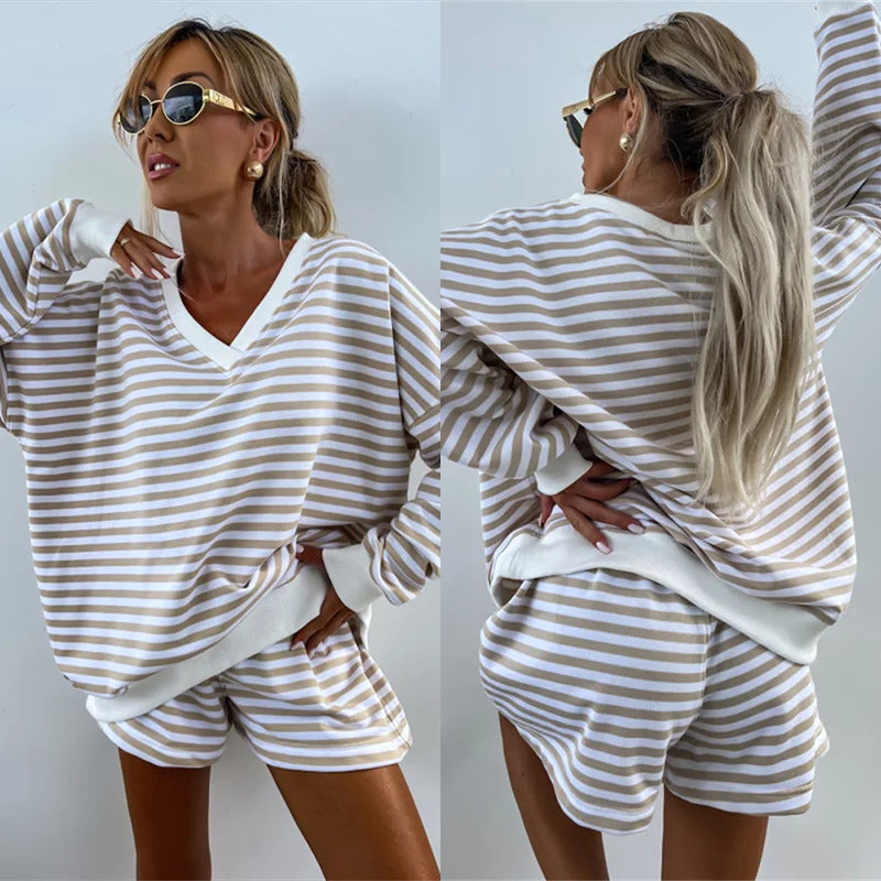 Damen Kurzarm-Set Maritimes Streifenmuster Elastischer Bund - Norvielle