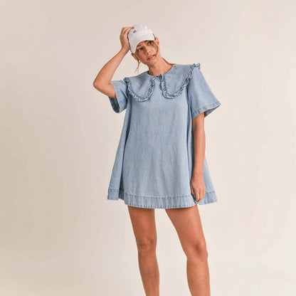 Damen Denimkleid Voluminöser Kragen Rüschendetails