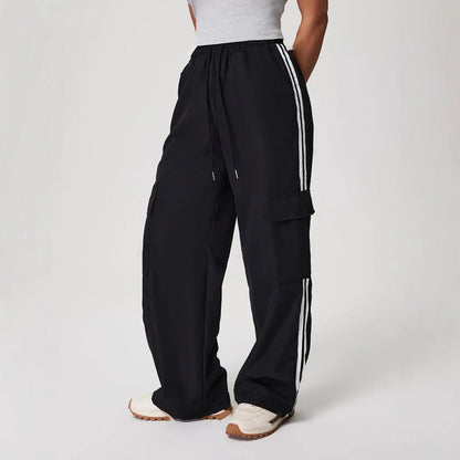 Damen Cargo-Hose Elastischer Bund Seitentaschen Schwarz - Norvielle
