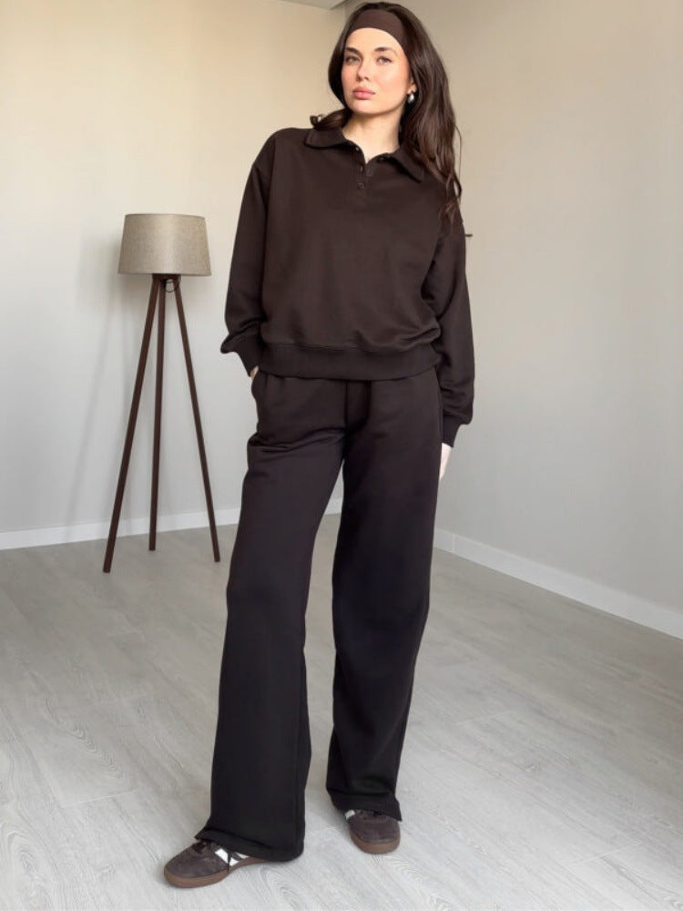 Damen Fleece-Anzug mit Polo-Kragen und geraden Hosen Weich Norvielle