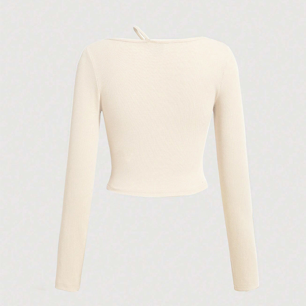 Damen Langarm Crop- Asymmetrischer Ausschnitt Rippstruktur Weiß