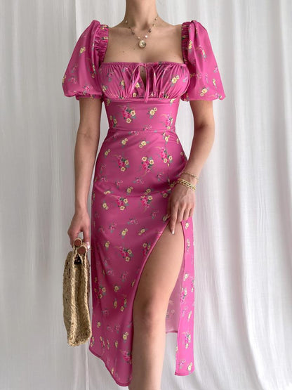 Damen Maxikleid Blütenmuster Puffärmel Hoch Beinschlitz Norvielle