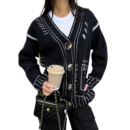 Damen Strickjacke Künstlermuster Knopfdetails Beige