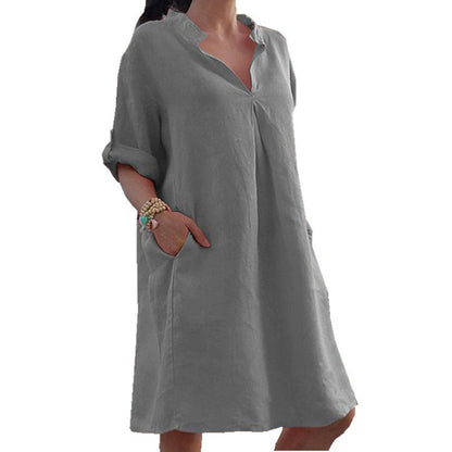 Damen Leinenkleid V-Ausschnitt Taschen Beige