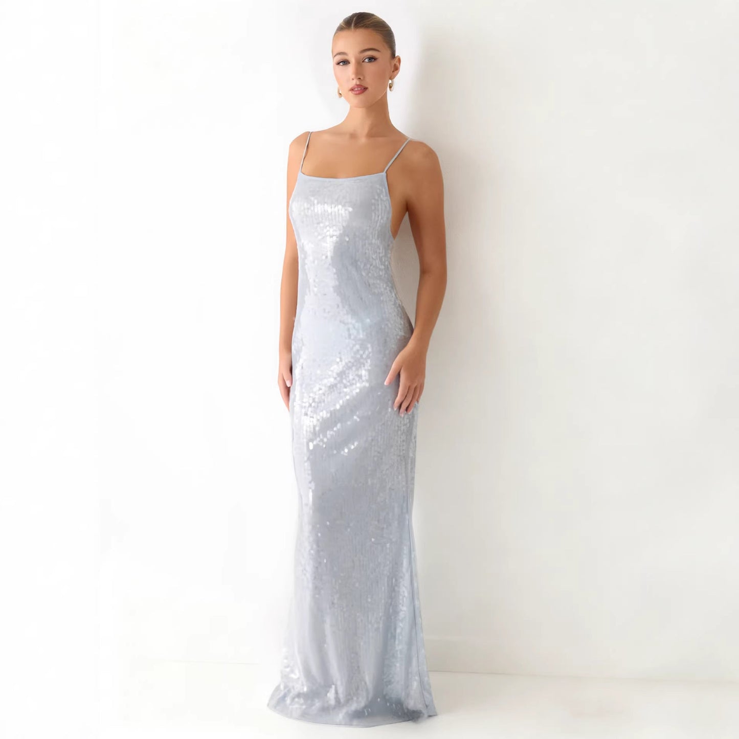 Damen Maxikleid Pailletten schmal Schnitt Spaghettiträger