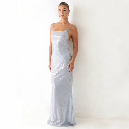 Damen Maxikleid Pailletten schmal Schnitt Spaghettiträger