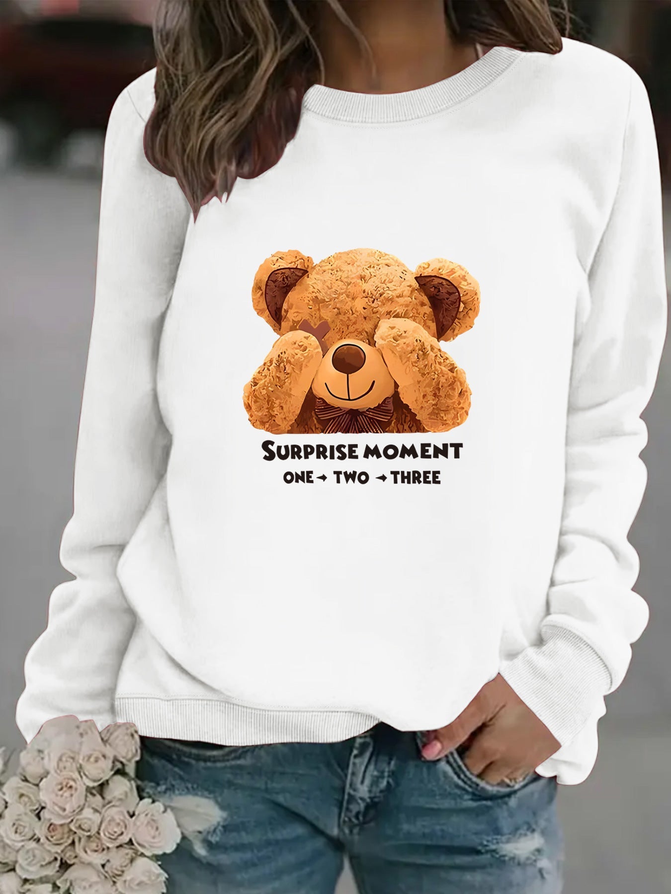 Damen Sweatshirt Bärenmotiv Baumwolle Weiß
