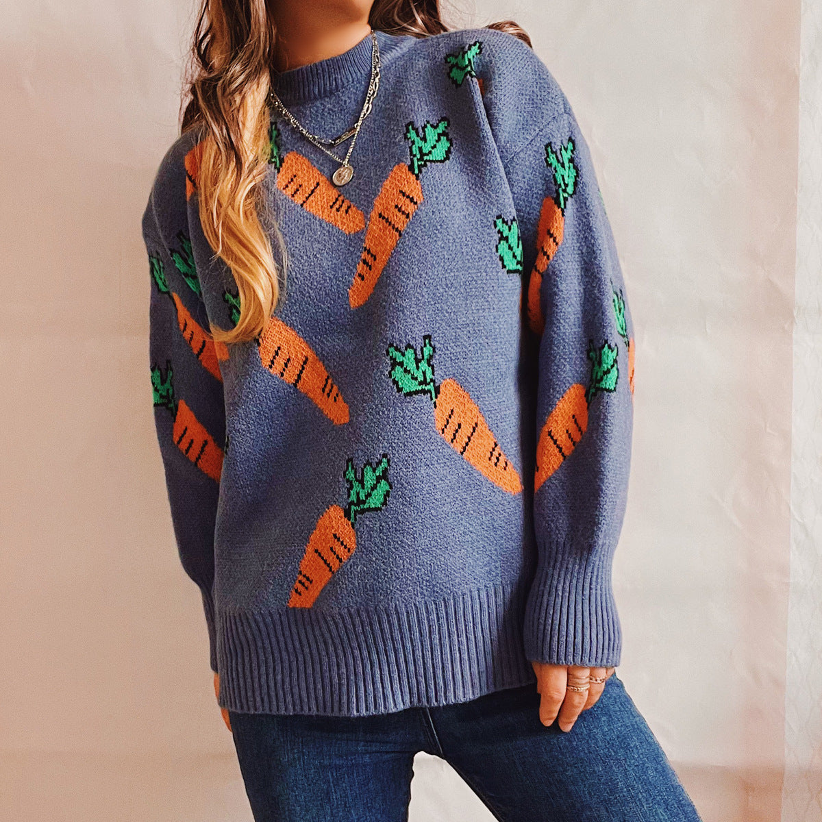 Damen Strickpullover Oversized Karottenmuster Norvielle