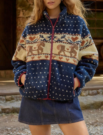 Damen Fleecejacke Tiermuster Hochkragen Norvielle