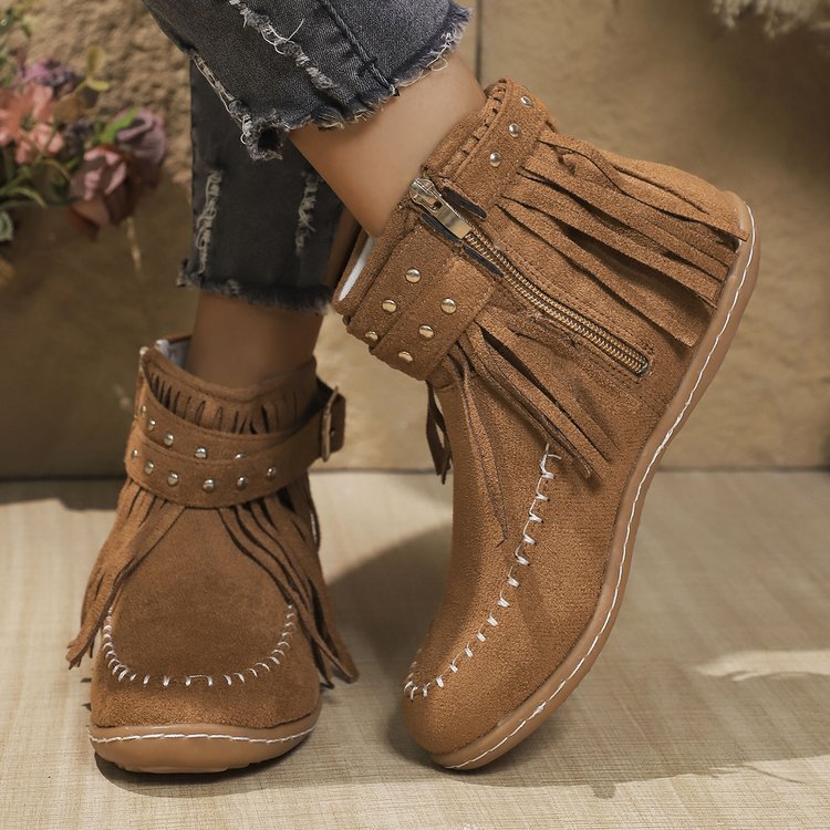 Damen Stiefeletten mit Fransen und Schnalle Schwarz - Norvielle