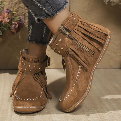 Damen Stiefeletten mit Fransen und Schnalle Schwarz - Norvielle