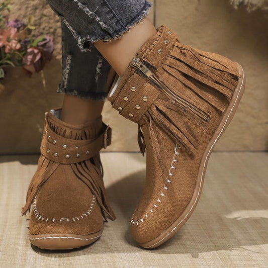 Damen Stiefeletten mit Fransen und Schnalle Schwarz - Norvielle