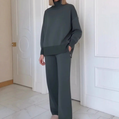 Damen Strick-Loungewear-Set Hochgeschlossener Pullover Weite Hose