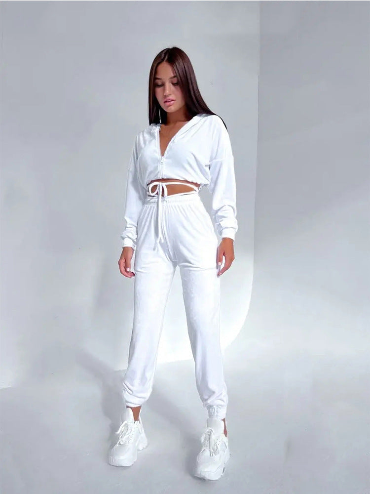 Damen Samt-Jogginganzug Cropped Hoodie