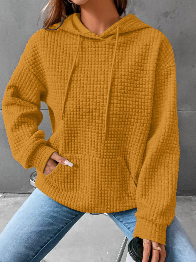 Damen Kapuzenpullover Waffelstruktur mit Kängurutasche Lässig Beige