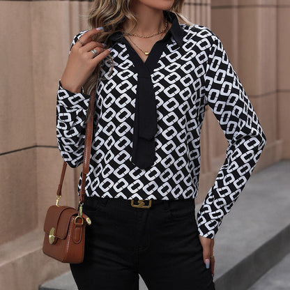 Damen Bluse Grafisches Muster Elegante Schleife Bluse Norvielle