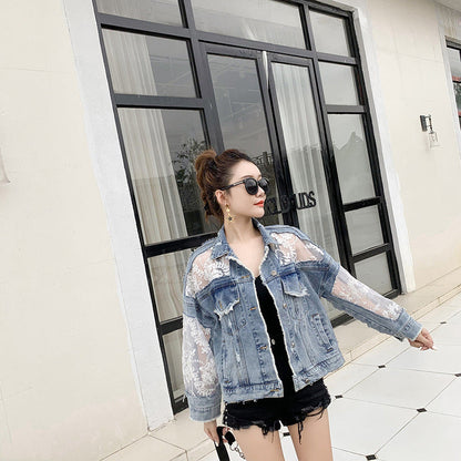 Damen Denimjacke Spitzenverzierung