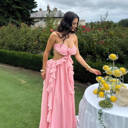 Damen Maxikleid Fließend Rüschendetails Blumenapplikation Norvielle