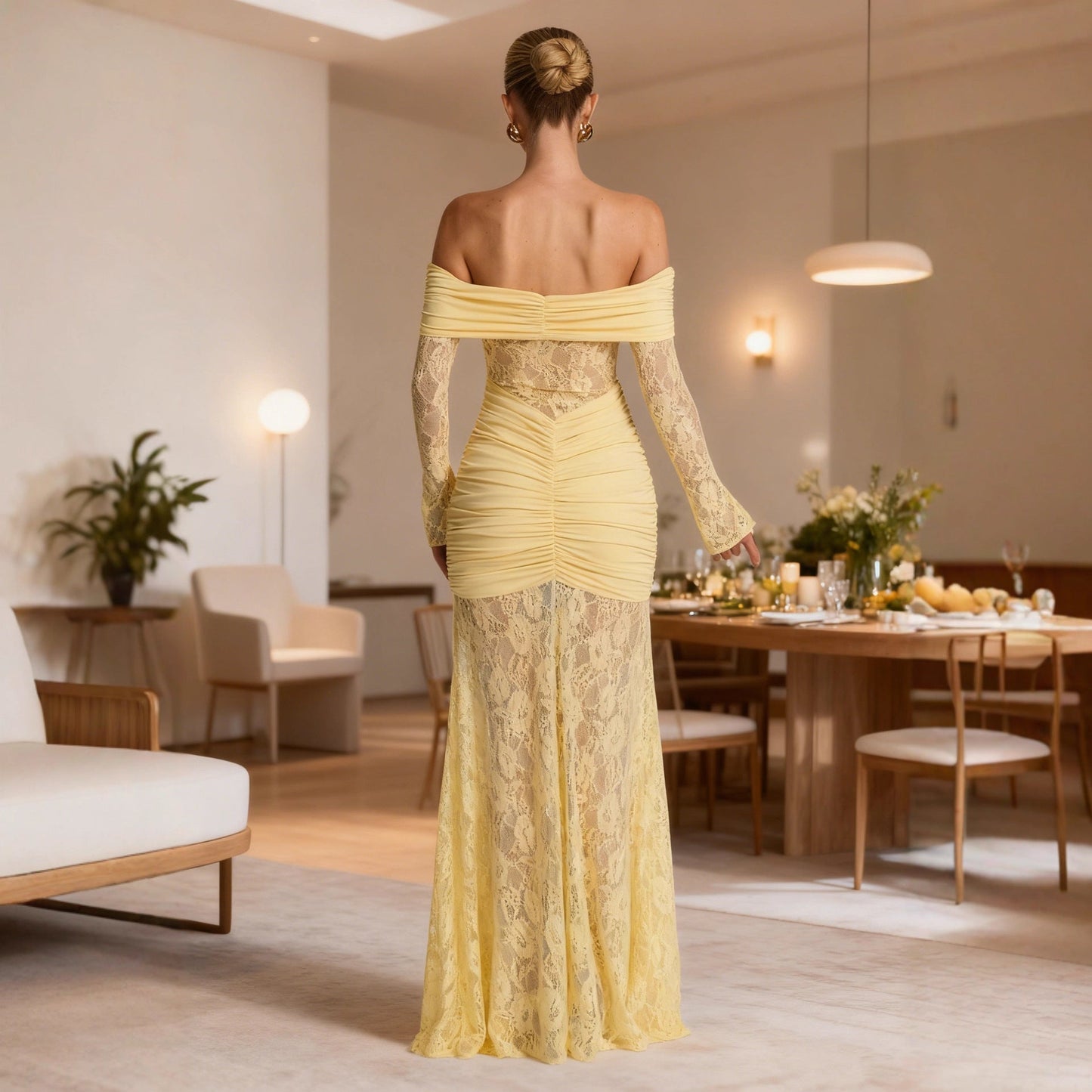 Damen Maxikleid Spitze Rüschendetails Schulterfrei