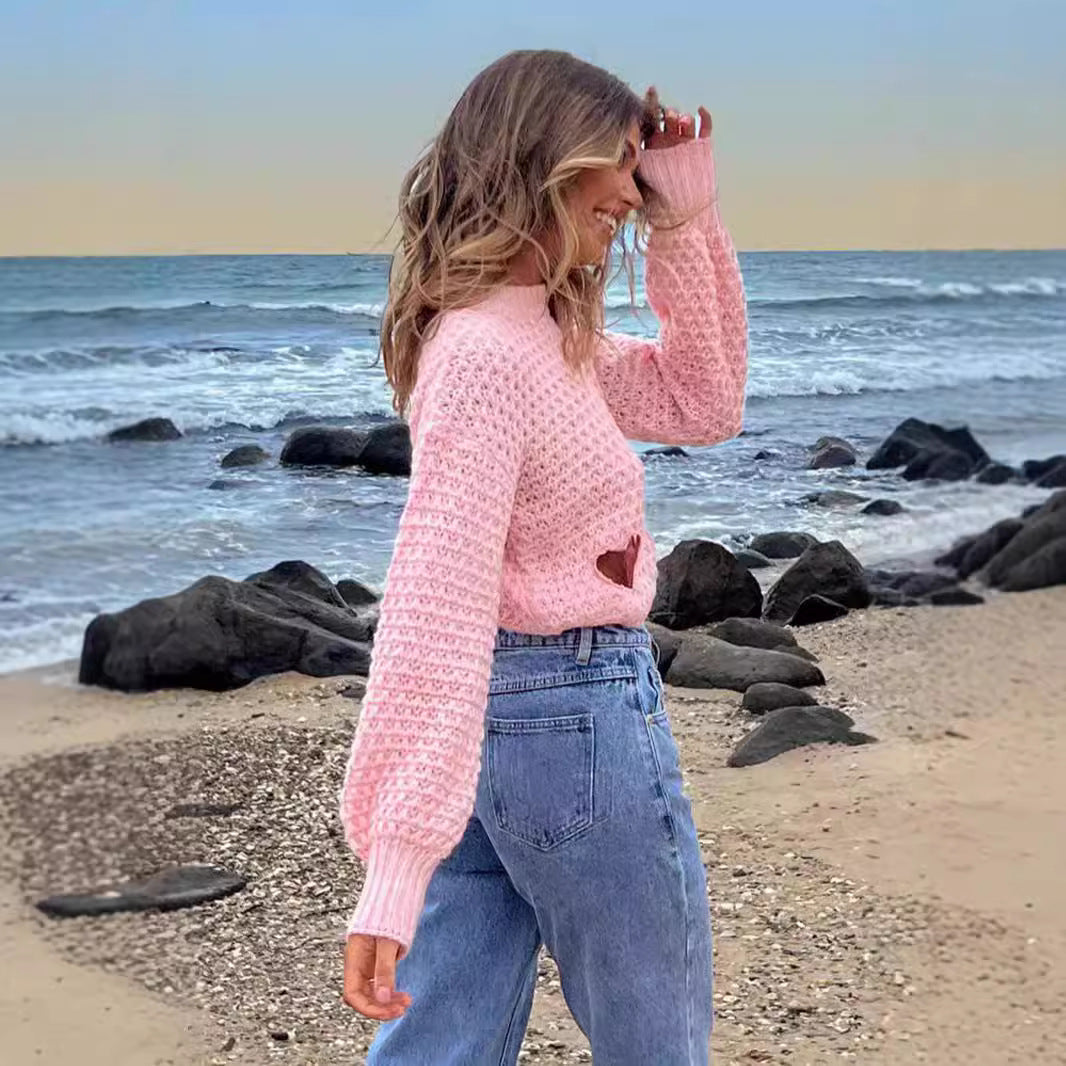 Damen Strickpullover Herz-Ausschnitte Lässig Crop-Design