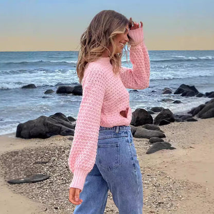 Damen Strickpullover Herz-Ausschnitte Lässig Crop-Design