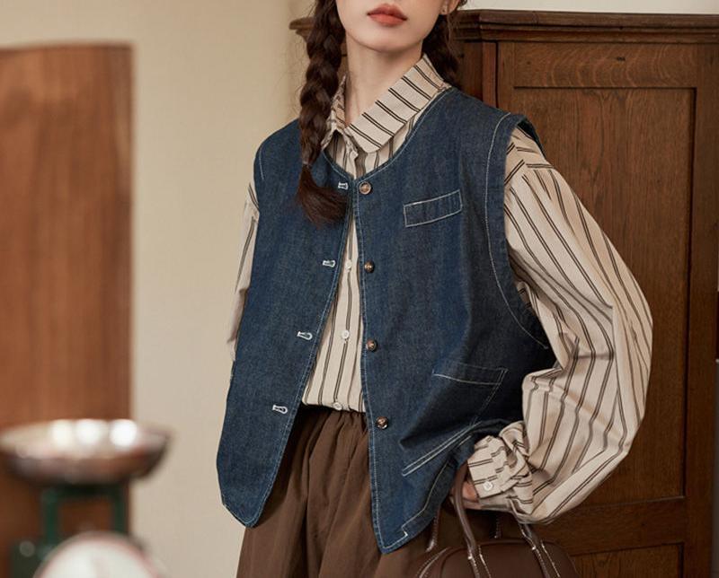 Damen Denimweste Knopfverschluss Taschen