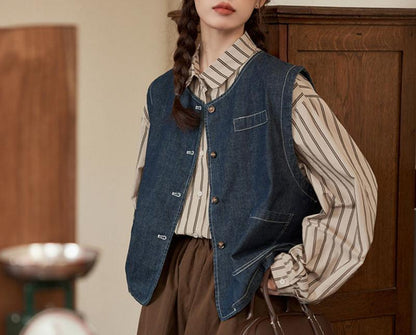 Damen Denimweste Knopfverschluss Taschen