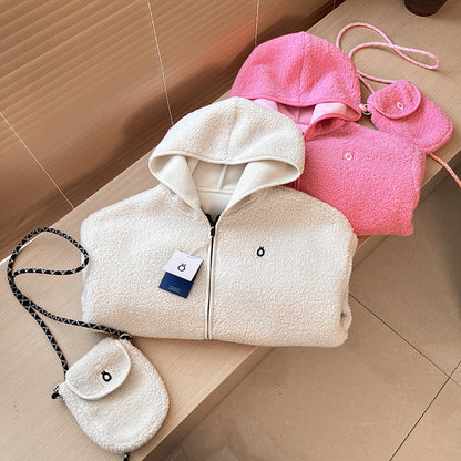 Damen Fleecejacke mit Kapuze und Umhängetasche Kuschelig Grün