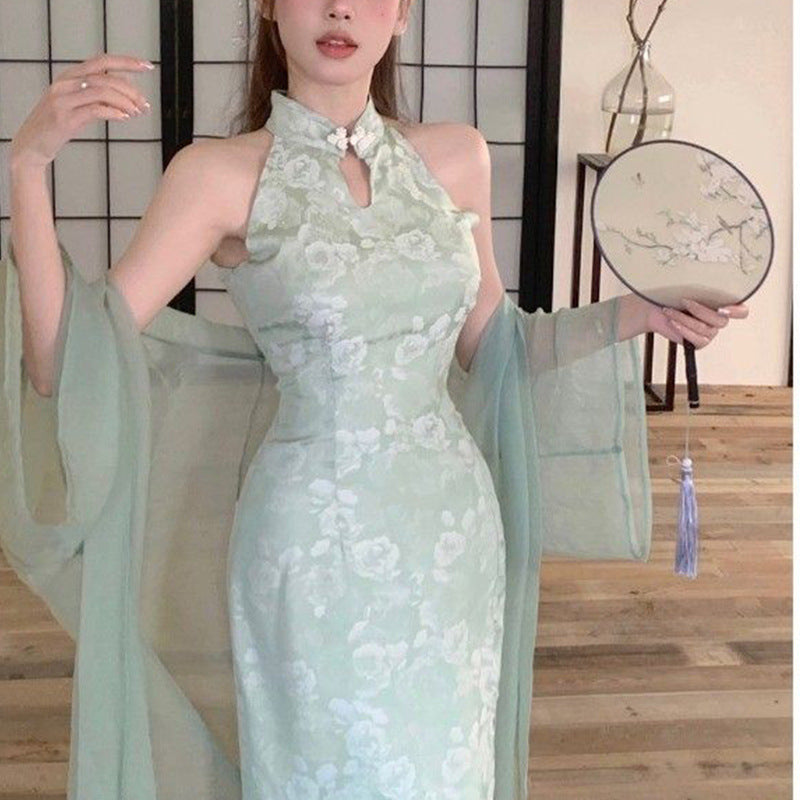 Damen Abendkleid Hochkragen Floralmuster Schwarz - Norvielle