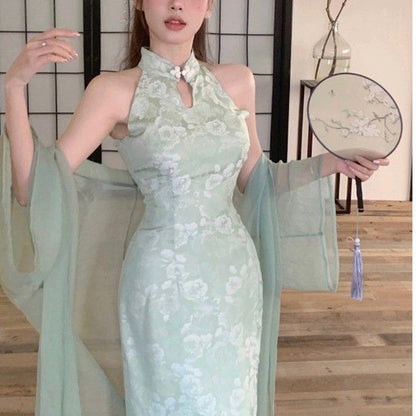 Damen Abendkleid Hochkragen Floralmuster Schwarz - Norvielle