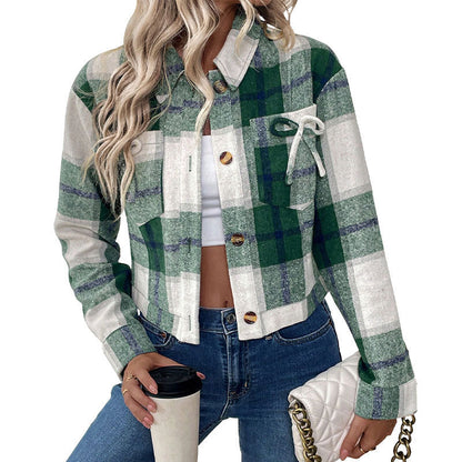 Damen Karobluse Cropped Nostalgisch Knöpfe