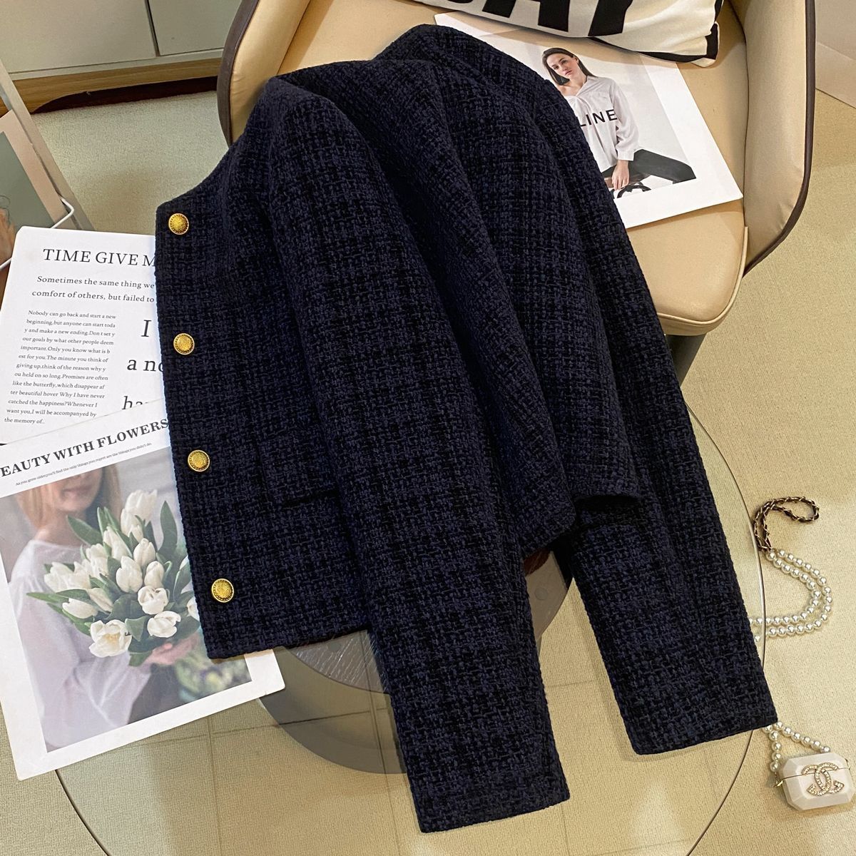 Damen Bouclé-Jacke Strukturiert Goldknöpfe Norvielle