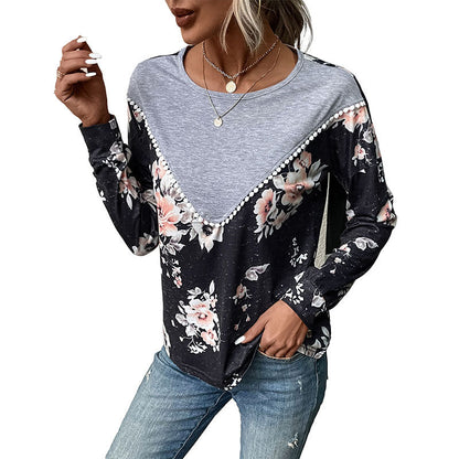Damen Sweatshirt Floralmuster V-Ausschnitt Rüschen Norvielle